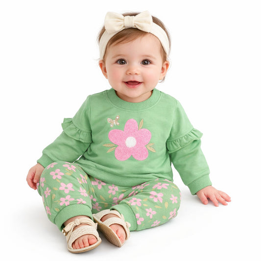 Infant Girls Fine Jersey 2 PC Suit Big Flower-Green