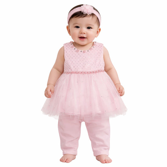 Infant Girls China Fabric (Net) Fancy Frock With Trouser & Head Band-Baby Pink