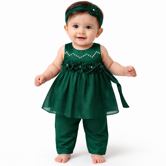 Infant Girls China Fabric (Chiffon) Fancy Frock With Trouser & Head Band-Green