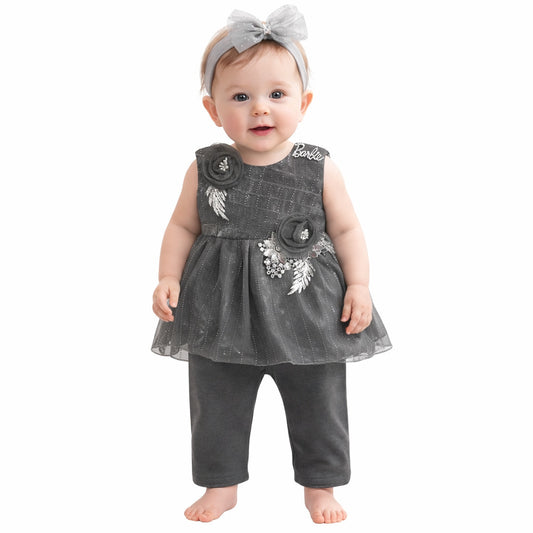 Infant Girls China Fabric (Chiffon) Fancy Frock With Trouser-Grey