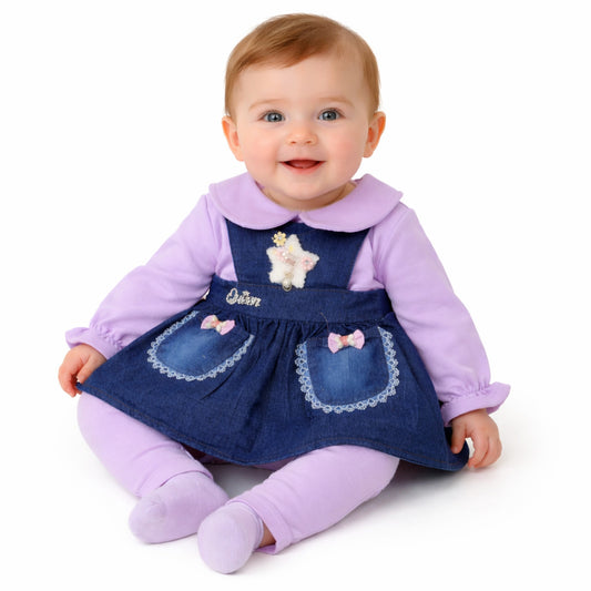 Infant Girls Denim & Fleece Fancy Frock With Trouser-Purple