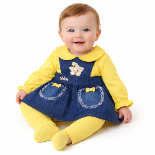 Infant Girls Denim & Fleece Fancy Frock With Trouser-Yellow