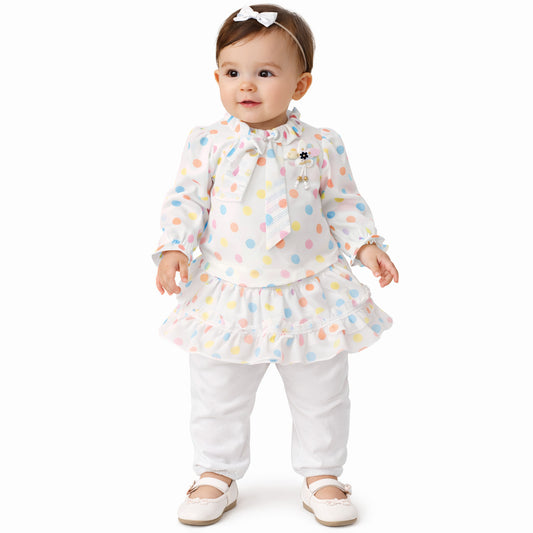 Infant Girls China Fabric (Chiffon) 3 Pcs Suit Multi Dots-White