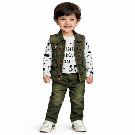 Boys Denim Tencile (Light Denim) 3 PC Suit Chintoo Club-Green-B