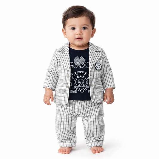 Infant Boys China Fabric (Porporn) 3 PC Coat Pant-Grey