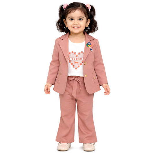 Girls Cotton Twill 3 Pcs Coat Pant Flower-Peach