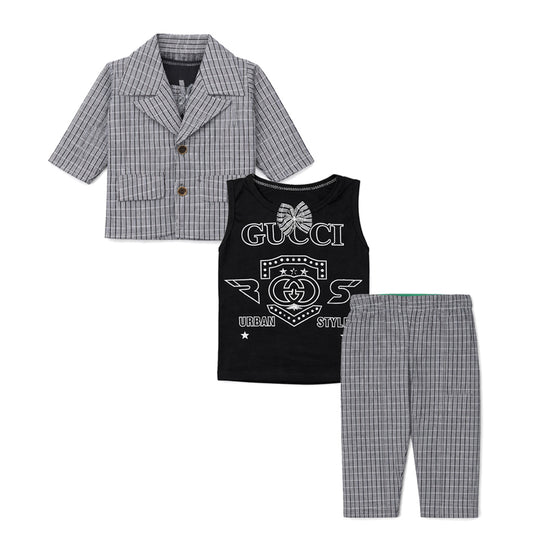 Infant Boys China Fabric (Porporn) 3 PC Coat Pant-Grey